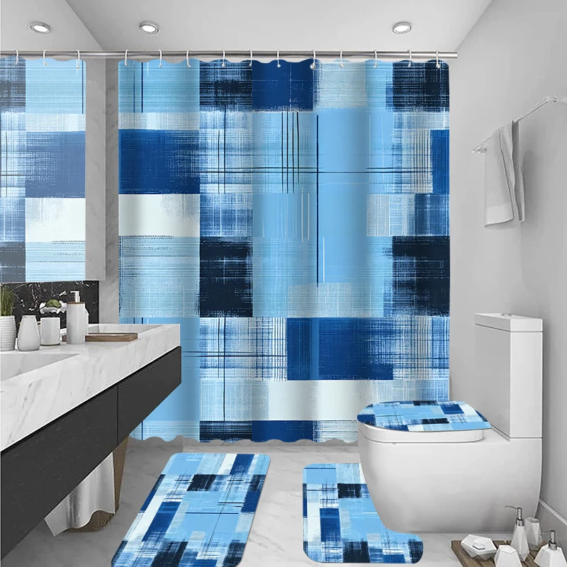 4-piece blue grid shower curtain set, toilet seat decoration, shower curtain with carpet and toilet lid, 12 70.8x70.8 inch hooks