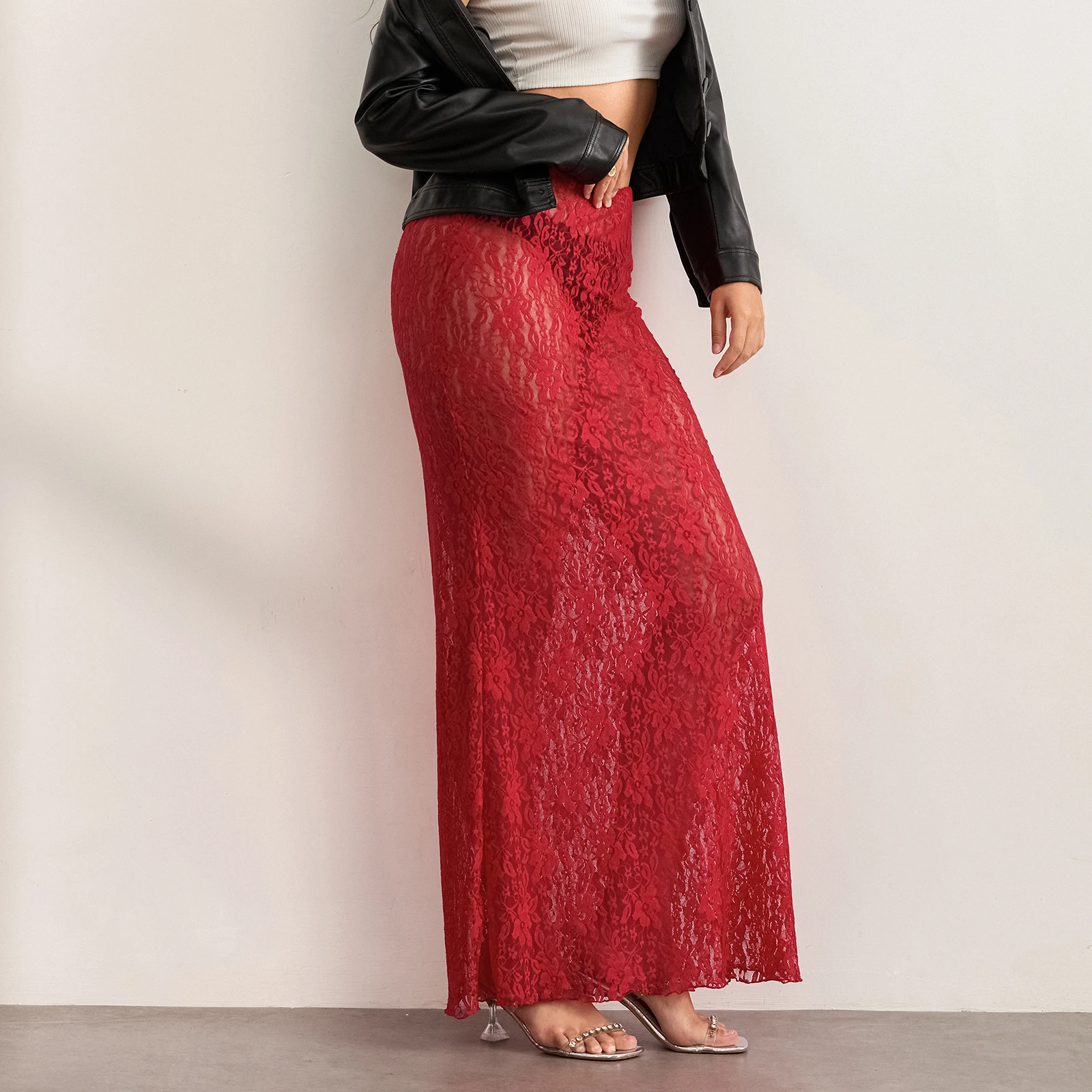 

New Fashion Womens Lace Long Skirts Vintage High Waist Solid Color See-Through Midi Skirts Slim Fit Skirts Hot Sale S M L