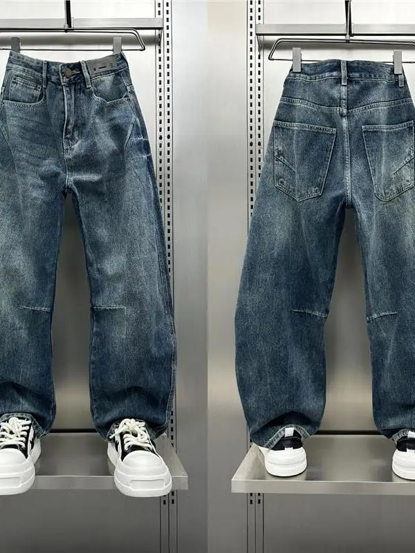 

Retro American Washed Straight Leg Men's Jeans Autumn New Style Cool Knife Wide Leg Long Pants Cotton Denim Casual Trousers