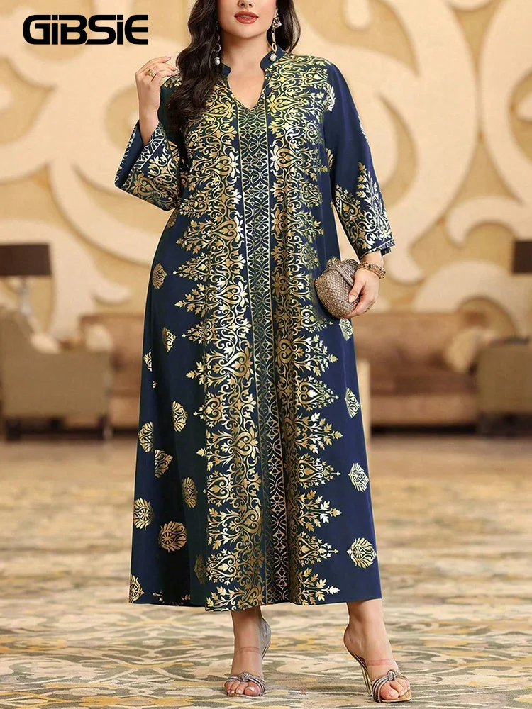 

GIBSIE Plus Size Ethnic Style Loose Abaya Dress Women Spring and Autumn Long Sleeve Elegant Bronzing Dubai Kaftan Maxi Dresses