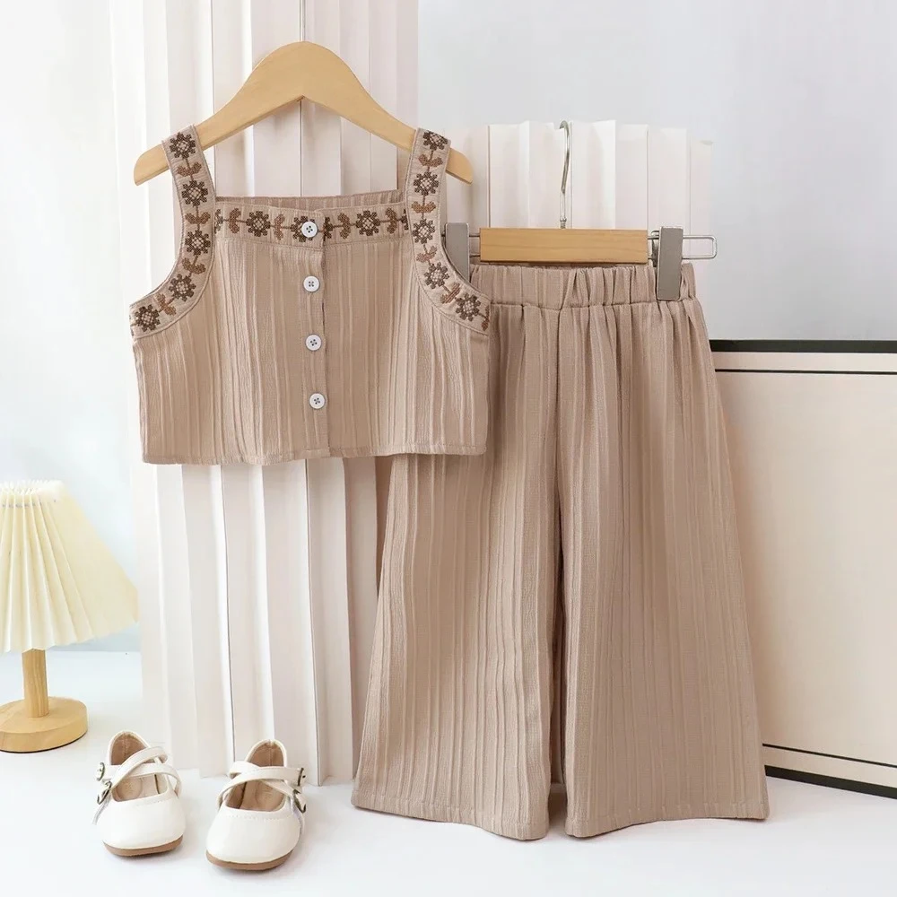 Summer Leisure Countryside Style Flower Embroidery Square Neck Vest+wide Leg Pants Two-piece Set Korean Version