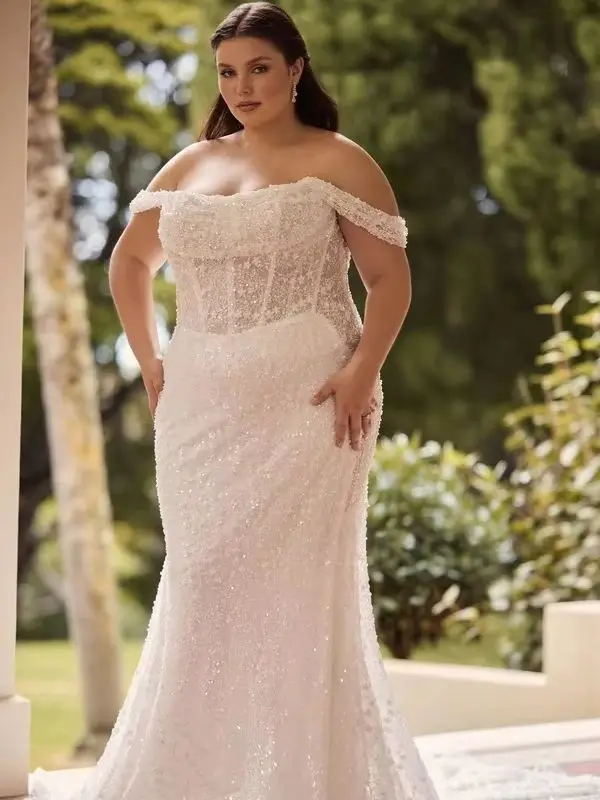 Customized Elegant Off Shoulder Fold Neck Beaded  Mermaid Wedding Dress Chapel Train Bridal Gown Plus Size Vestidos De Novia