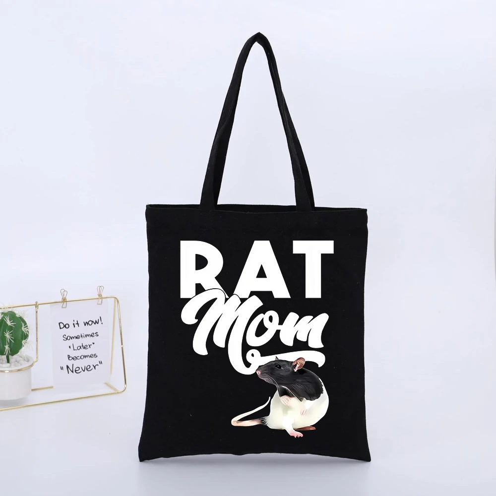 Rat Graphic Canvas Tote Bag with Typography Print, Casual Style for Daily Shopping