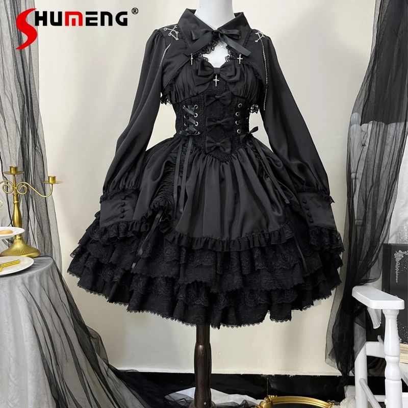 

Lady Lolita Gothic Strap Dress JSK Women Clothes Sweet Sexy Girls Black Cape Shirt Sling Dress Ladies 2 Piece Set 2024 Autumn