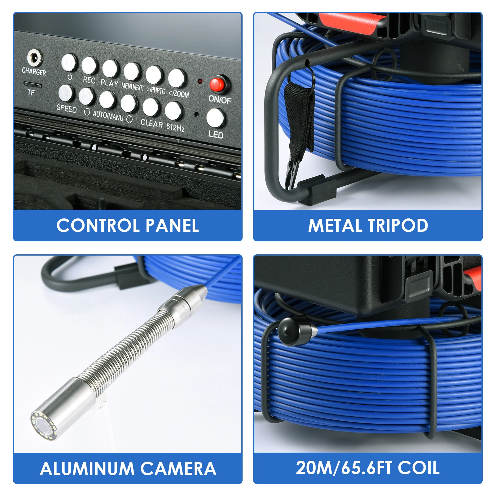 Sewer Inspection Camera 7in Screen Auto Leveling Sewer Camera with 512Hz Transmitter Waterproof Endoscope with Light 16GB Card