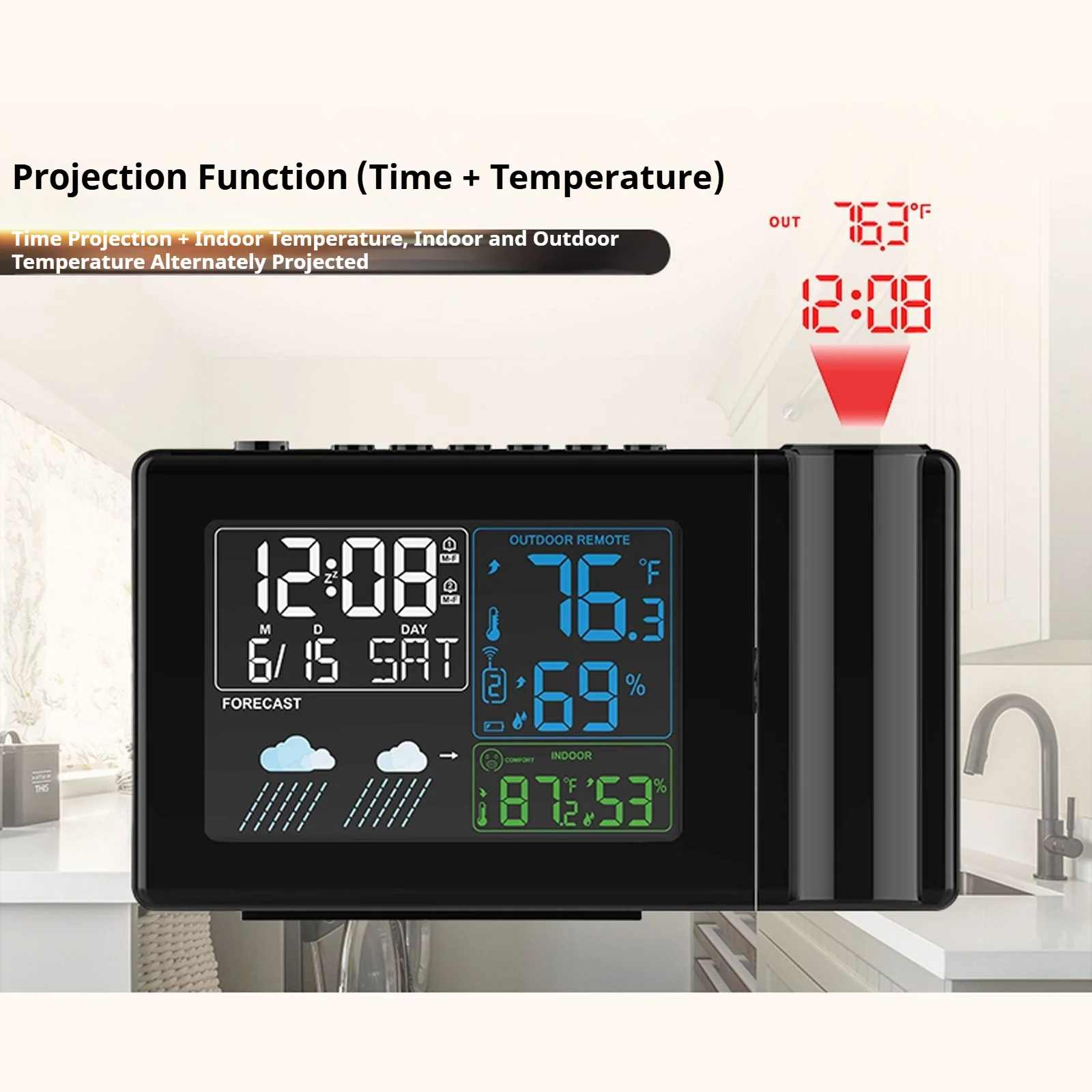 

Digital Projection Alert Clock with Adjustable Backlight Thermometer/Hygrometer Weather Alarm Clock Forecast Projection Clock