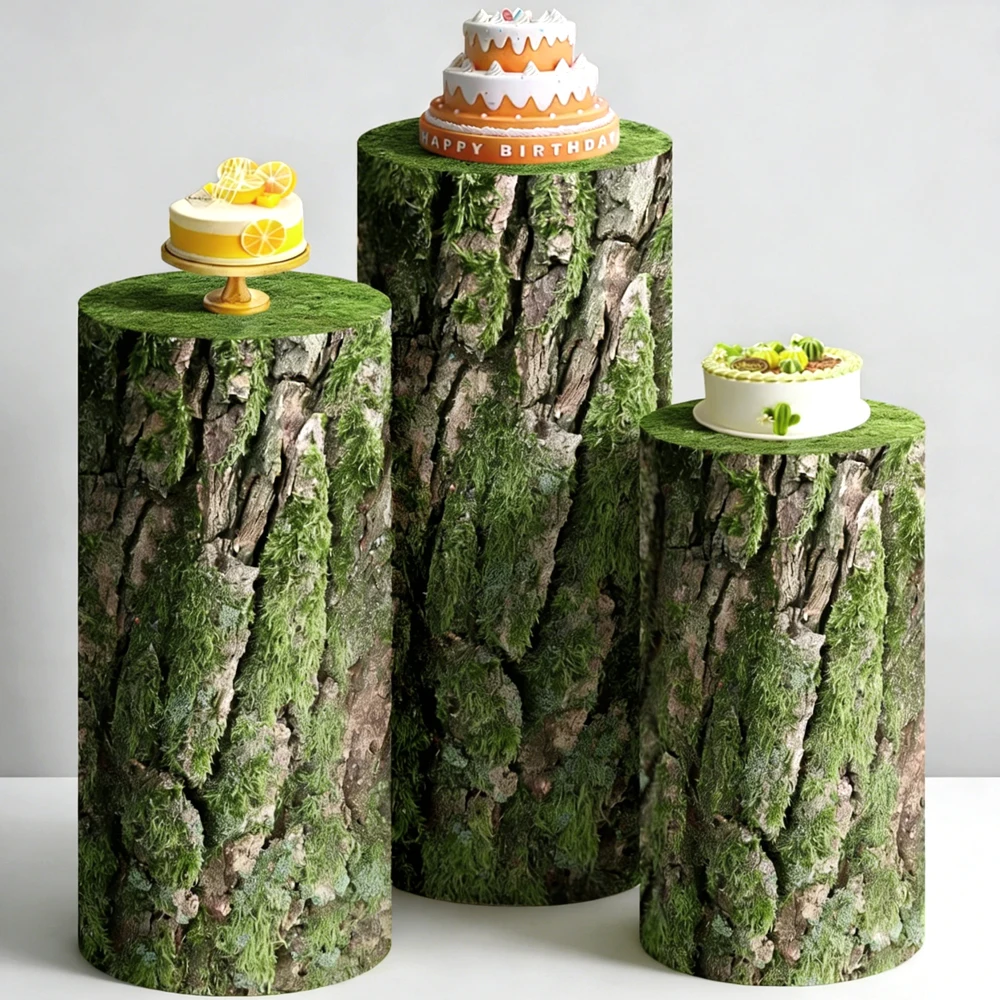 

Moss Tree Bark Wood Cylinder Pedestal Cover Set Wedding Backdrop Bachelorette Party Decor Baby Shower Birthday Cake Display