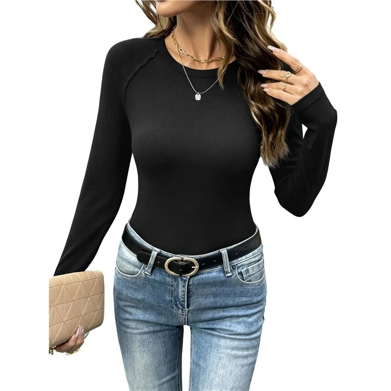 Women's Crew Neck Raglan Sleeve Ribbed Fitted Long Sleeve Base Layer Top Black S Eco-Friendly
