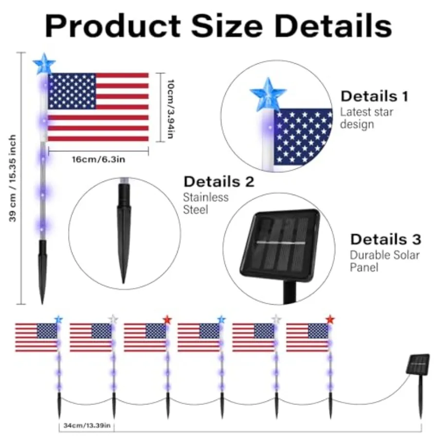 4th of July Decorations Outdoor American Flag Lights, 6-Pack Red White and Blue Solar Stars Lights with 6 USA Flags and 30LED,
