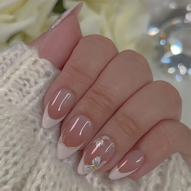 

24Pcs Mid-length Almond Nails Set Press on White Edge French Design Fake Nail Simple Flower Pattern Detachable False Nails Tips