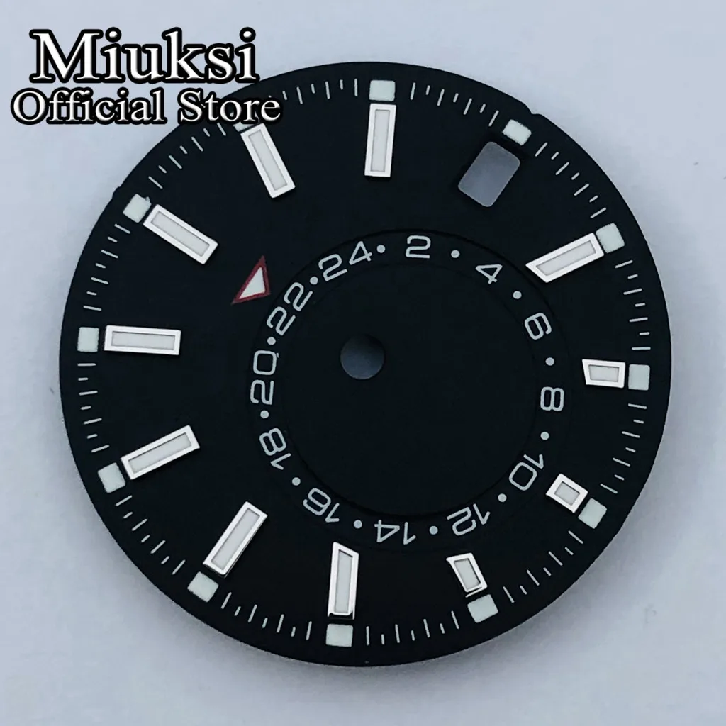 Miuksi 28.5mm black blue green white sterile watch dial green luminous fit NH34 NH35 movement fit 3/3.8 o\'clock crown