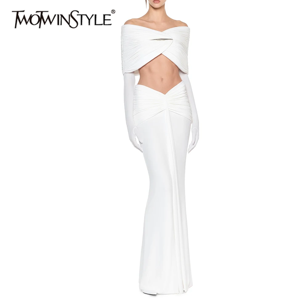 TWOTWINSTYLE Solid Spliced Metal Slim Two Piece Set for Women Off Shoulder Glove Sleeve Top High Waist Maxi Skirt Sets Female