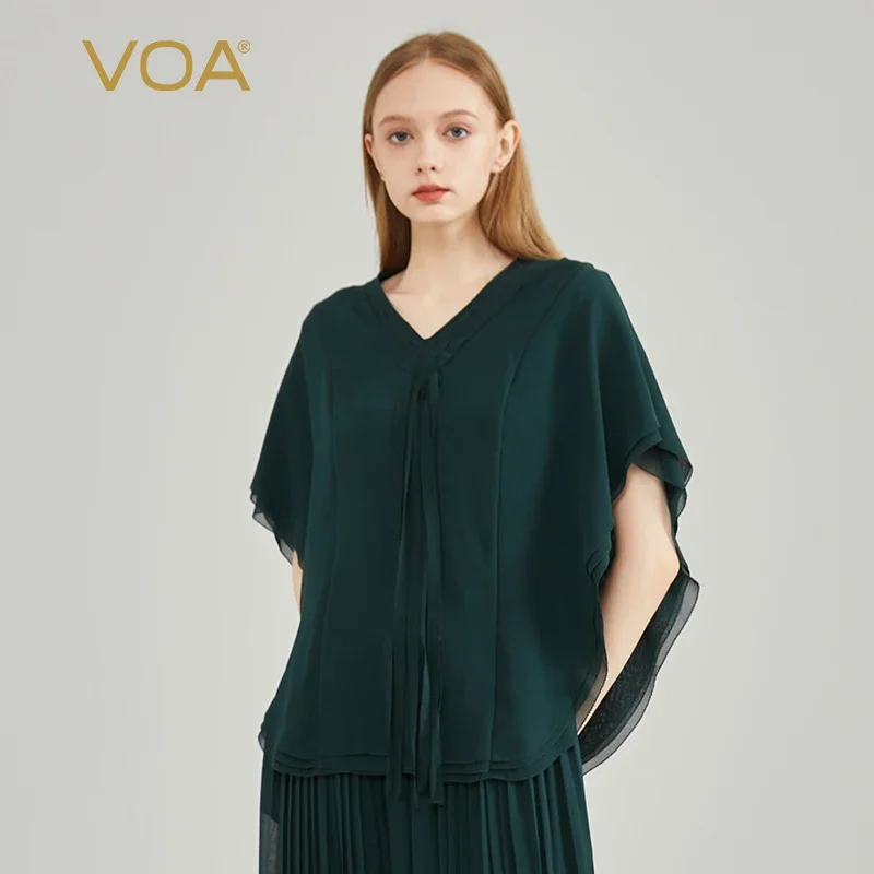 VOA Silk Three Layer Georgi Hole Green Bat Sleeve V-Neck Tops Women Pair Silk Craft Strap Design Loose O-shaped T-shirt BE1607