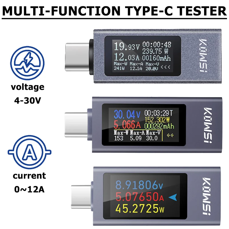 Type-C Tester Multi-function Digital Display DC Voltage Ammeter   Power Meter Cell Phone Charging Tester Bank Charger Indicator