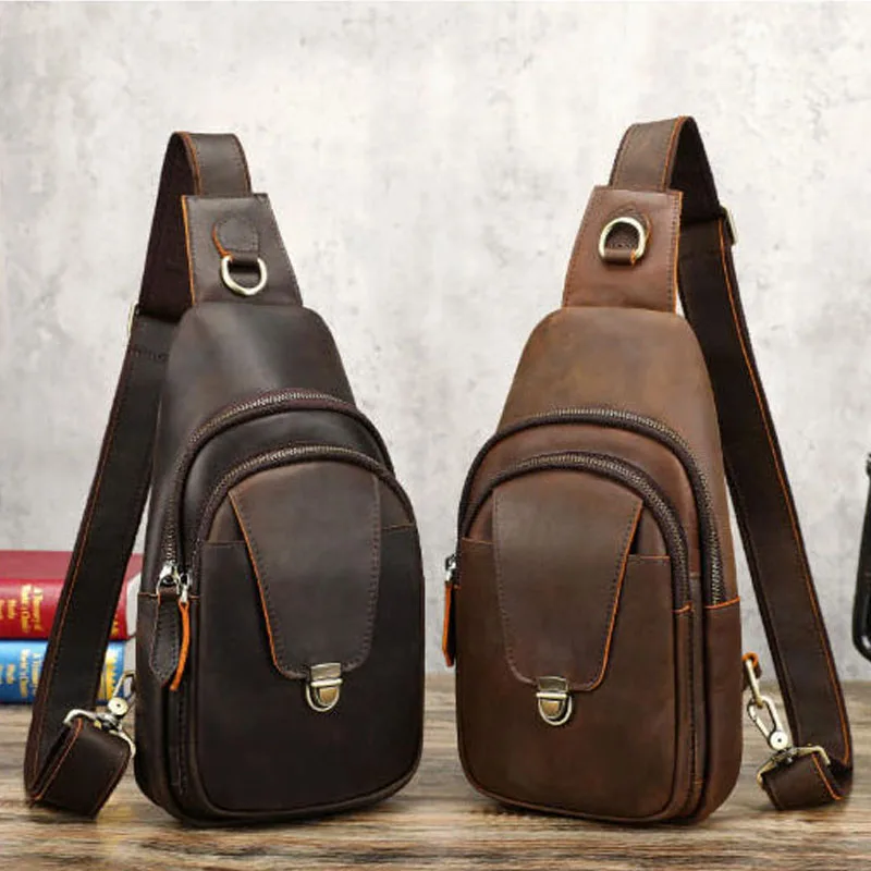 

New 2026 Men's Chest Bag, Genuine Leather Slant Shoulder Bag, Crazy Horse Leather Casual Shoulder Bag, Retro Chest Bag