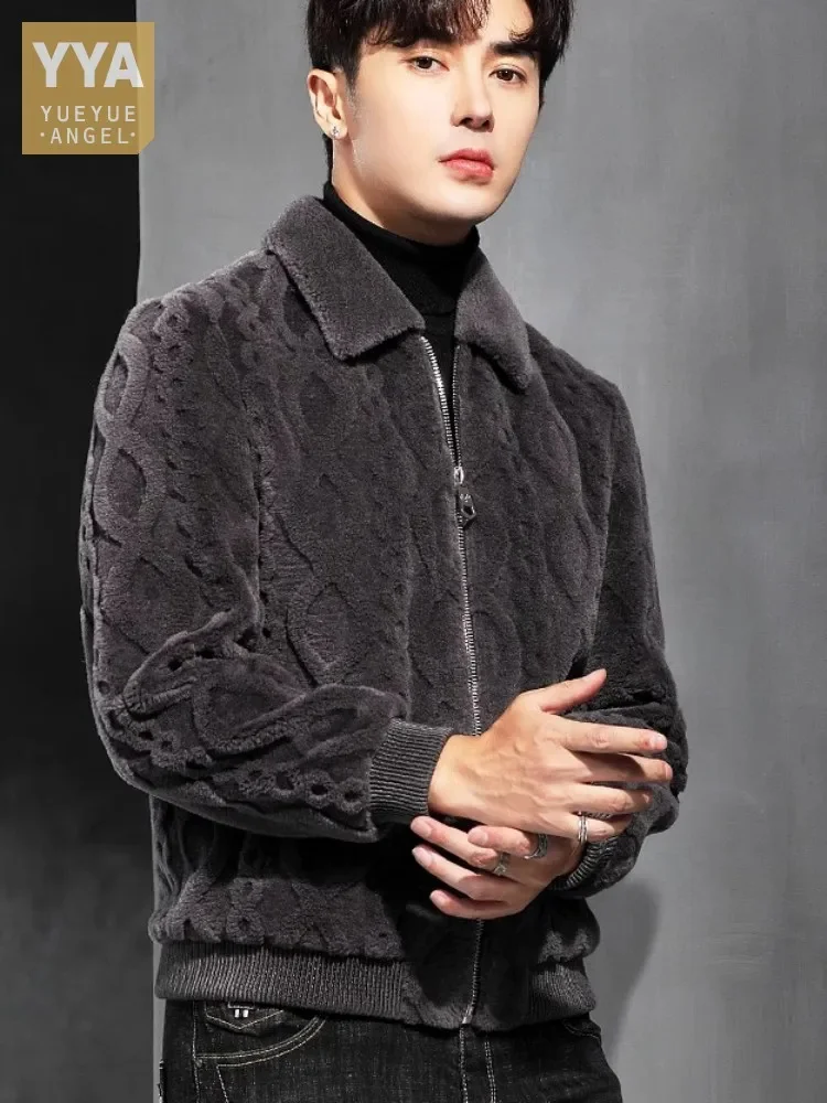 

New Winter Mens Sheep Shearing Short Coat Turn-Down Collar Real Wool Jacket Slim Fit Zipper Business Casual Lambswool Jackets