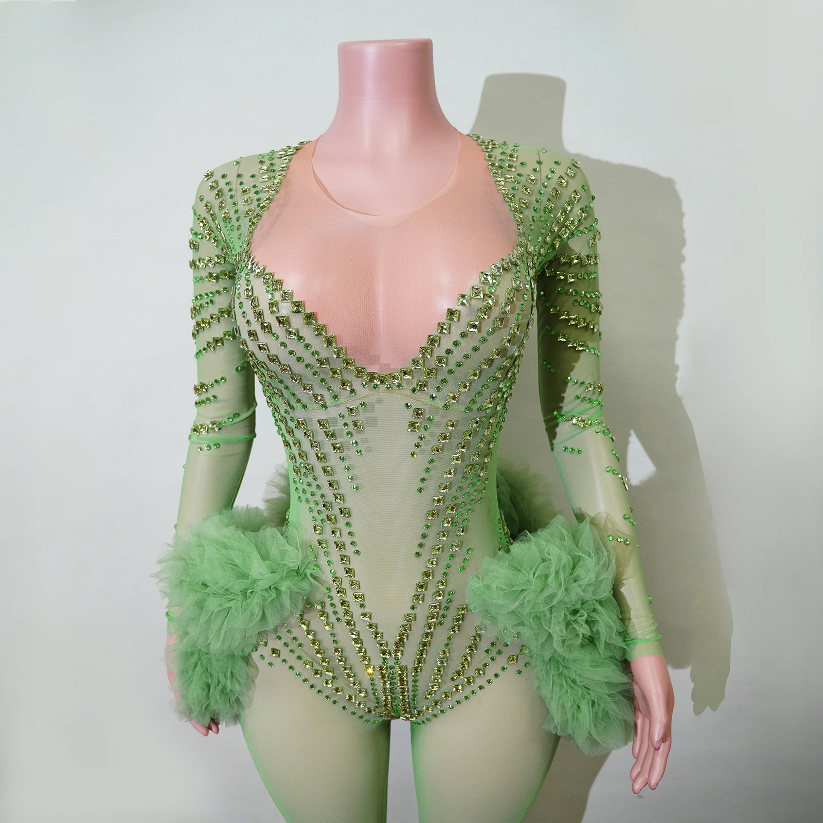 

Luxurious Shiny Rhinestone See-Through Mesh Jumpsuit Sexy Long Sleeve Mesh Ruffle Jumpsuit Evening Singer Performance Clothing
