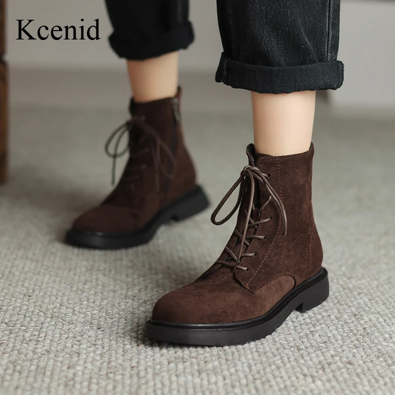 

Kcenid New Arrivals Lace Up Ankle Boots For Women Winter Women Boots Leather Shoes Cow Suede Round Toe Chunky Heel Women Shoes