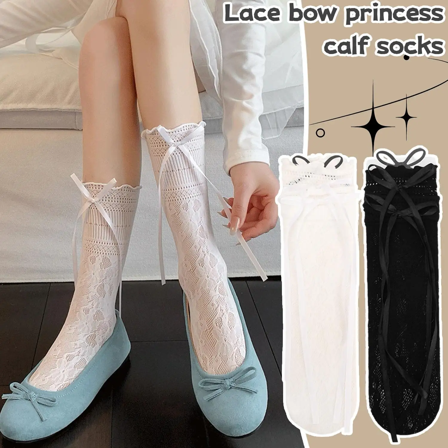 

Сетчатые носки с бантом и вырезами, милые, с длинной лентой, в стиле Лолита, сексуальные, кружевные, до середины икры, дышащие, удобные женские носки