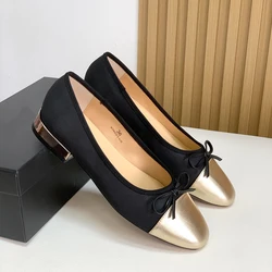 Donna-in Ballet Flats Women Shoe Silk Cloth and Sheepskin Mixed Colors Butterfly-knot Slip-on Square Low Heel Ladies Shoes