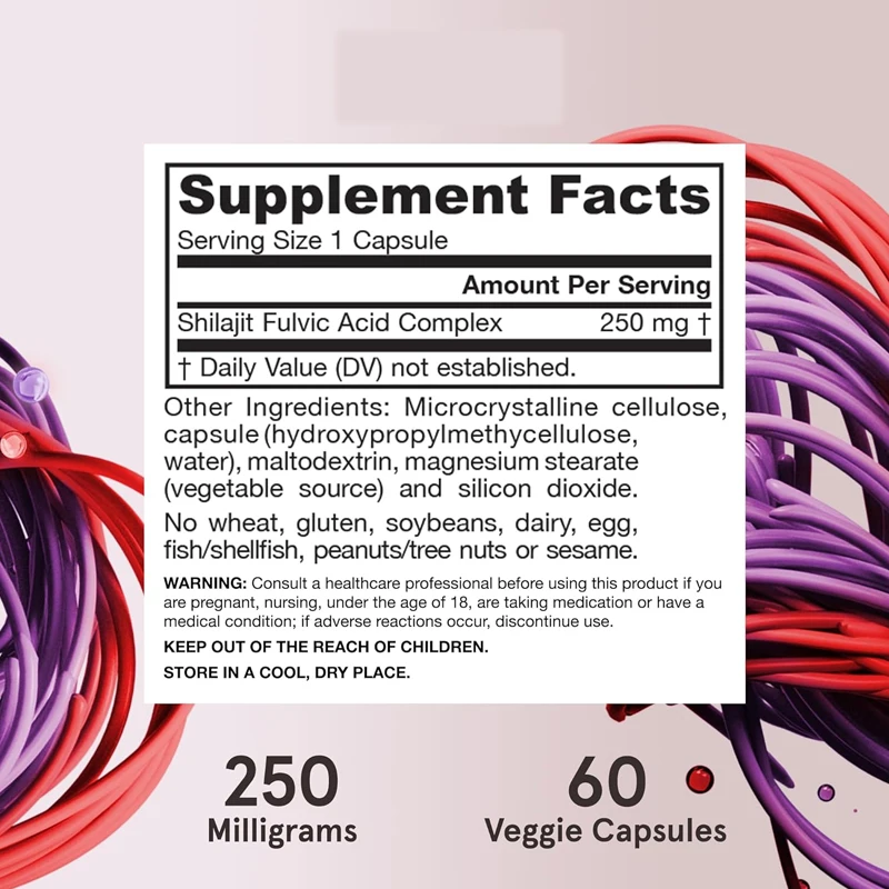 Complejo de ácido fulvico 250 mg -60 cápsulas vegetarianas apoyan la producción energética, la función mitochondriana y la actividad de coenzima Q10