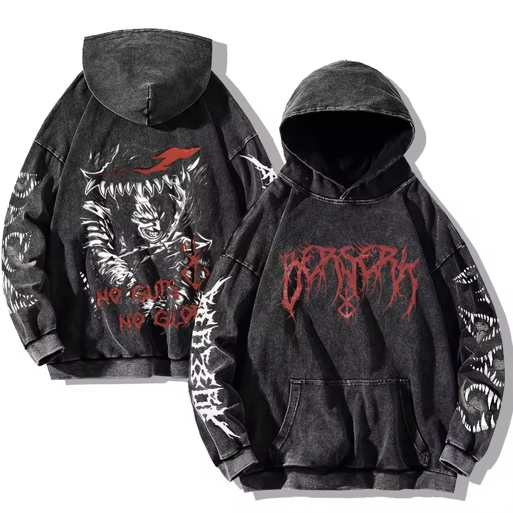 Mens Berserk Hoodies Gothic Print Vintage Washed Hoodie Hip Hop Streetwear Cotton Sweatshirts Harajuku Casual Hooded Pullover