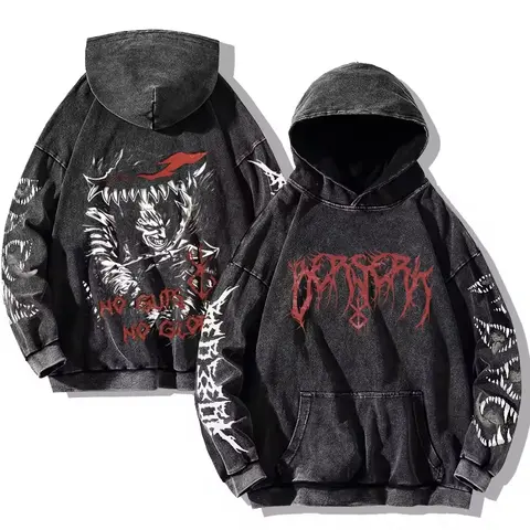 Mens Berserk 후드 티 고딕 프린트 빈티지 워시 까마귀 힙합 streetwear 코튼 스웨터 하라주쿠 캐주얼 후드 풀오버