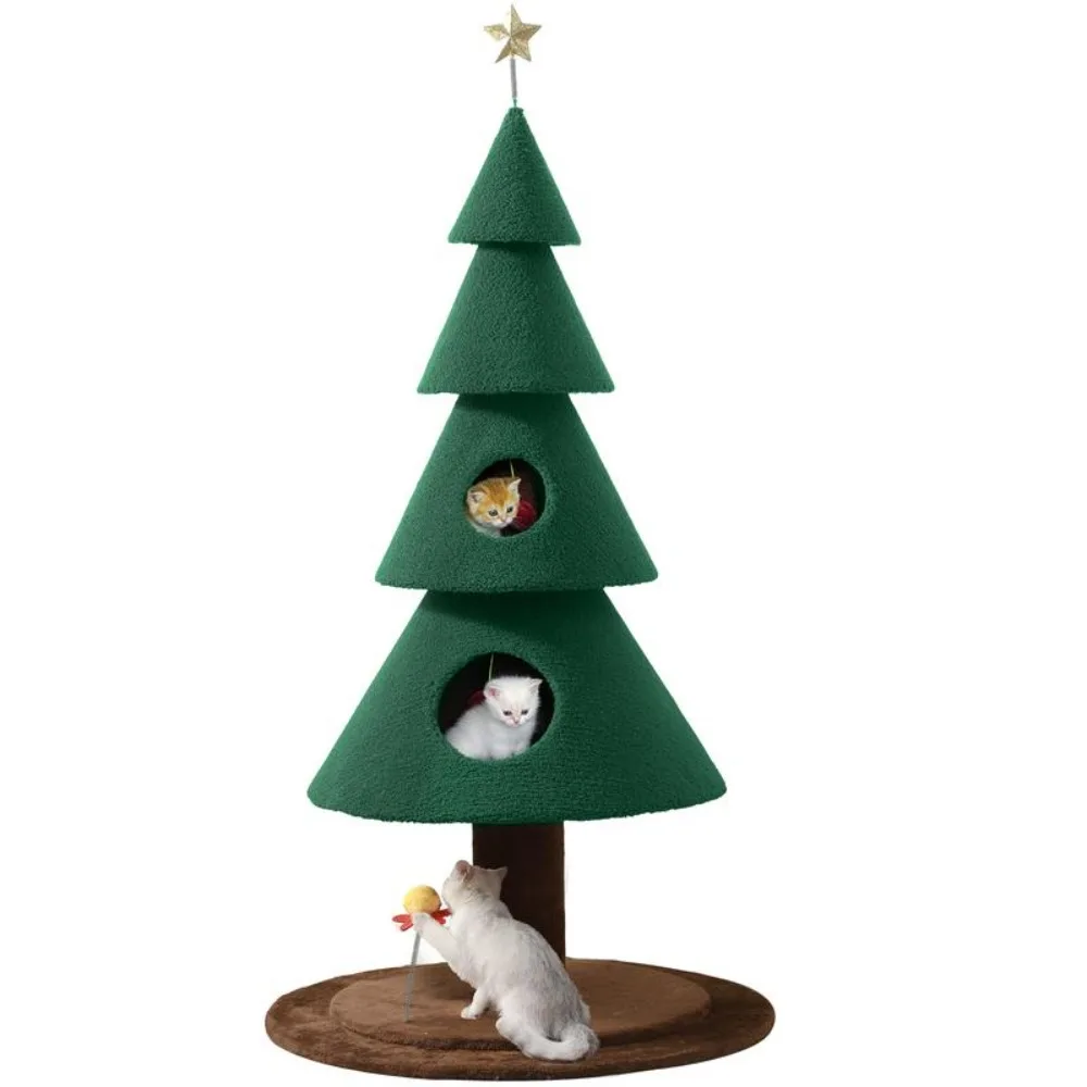 60 inch Cat Tree for Indoor Cats,with 2 Large Condos, 5ft Christmas Tree Party Decoration with Cat House and Beds