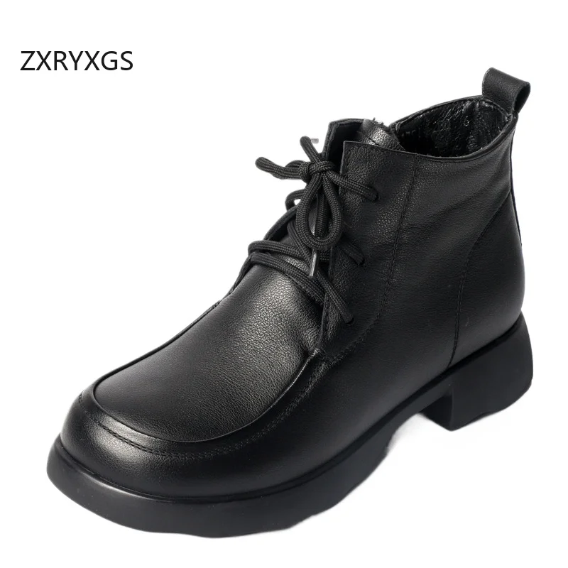 

ZXRYXGS 2025 Autumn Winter Top Cowhide Genuine Leather Boots Big Size Low Heel Comfort Warm Shoes Snow Boots Women Trendy Boots