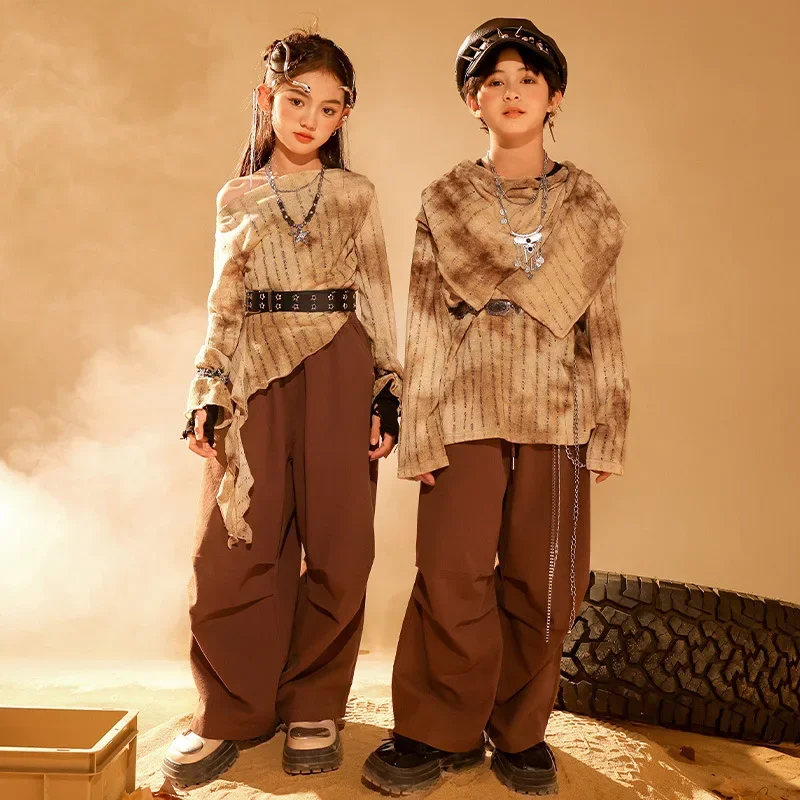 

Children Jazz Dance Clothing Girls Kpop Stage Costume Hip Hop Tops Long Sleeve Brown Pants Kids Model Show Fashion Clothes