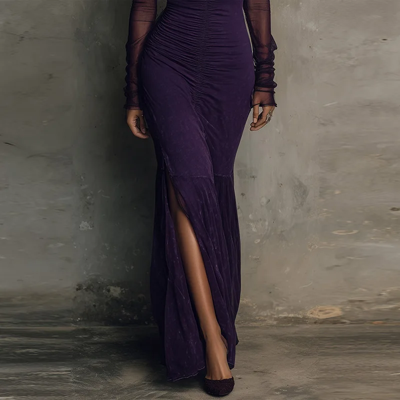 QICHE 2026 New Women Sexy Long Sleeve Dress, Solid Color Spliced Elegant Side Split Maxi Dress