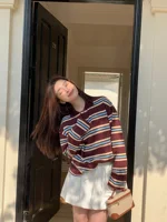 Summer Polo Shirts Woman Long Sleeve Crop Top Color Block Green Striped Print Polo Shirts Mujer Casual Tops Striped Brown Autumn - Image 2