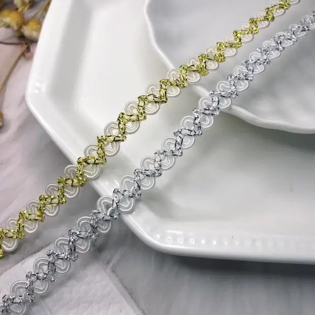 5Meters 8mm Gold Woven Lace Trim Ribbon Centipede Herringbone Silver Braided Lace Edge Wedding Craft DIY Clothes Decoration