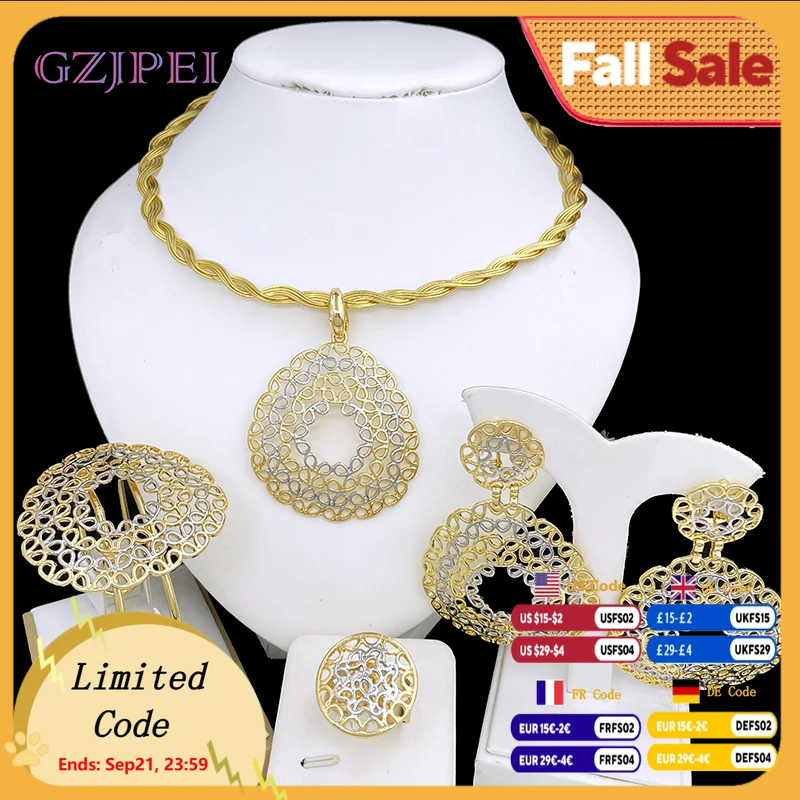 

Luxury Women Jewelry Set 18K Gold Plated Elegant Two Tone Big Drop Earrings Accessories Necklace Ring Bracelet Dubai Set Jewelry