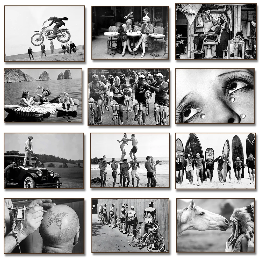 1pc frameless Canvas Painting Vintage Black and White Cycling Surf Beach Photography Gulf Haircut Poster Print Women Eating Past