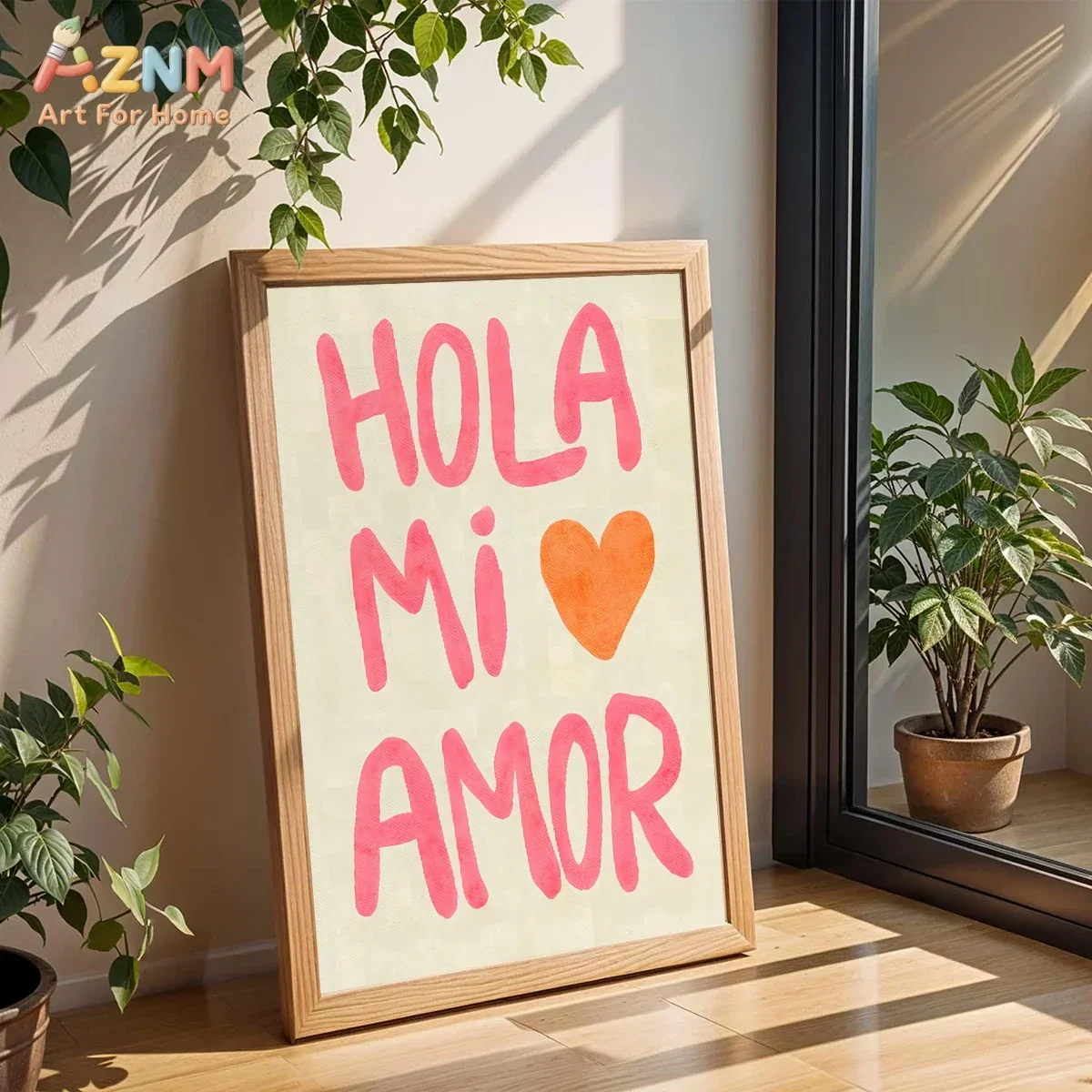 AZNM Hola Mi Amor Canvas Wall Art Spanish Sweet Love Quote Orange Heart Pink Text Print Unframed Canvas Boho Pastel Bedroom Aest