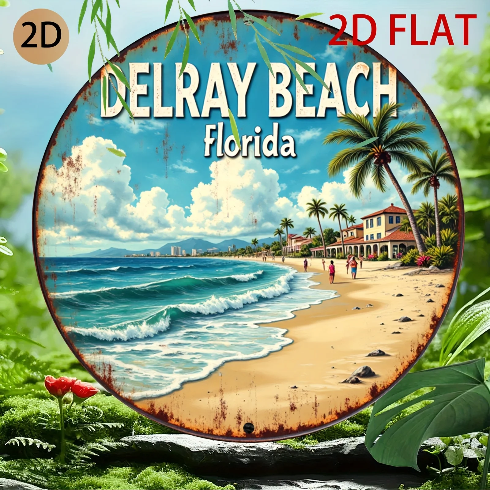 2D Plane Circular Tin Sign of Delray Beach Florida  Beach Themed Wall Art for Home or Coastal Style Decor, 2D Flat, Perfect for