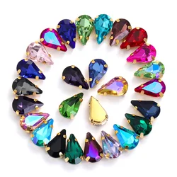 Teardrop Shape Glass Rhinestone With Golden Claw Sew On Crystal Stone Strass Diamond For Wedding Dress Bag Crafts Embellishments