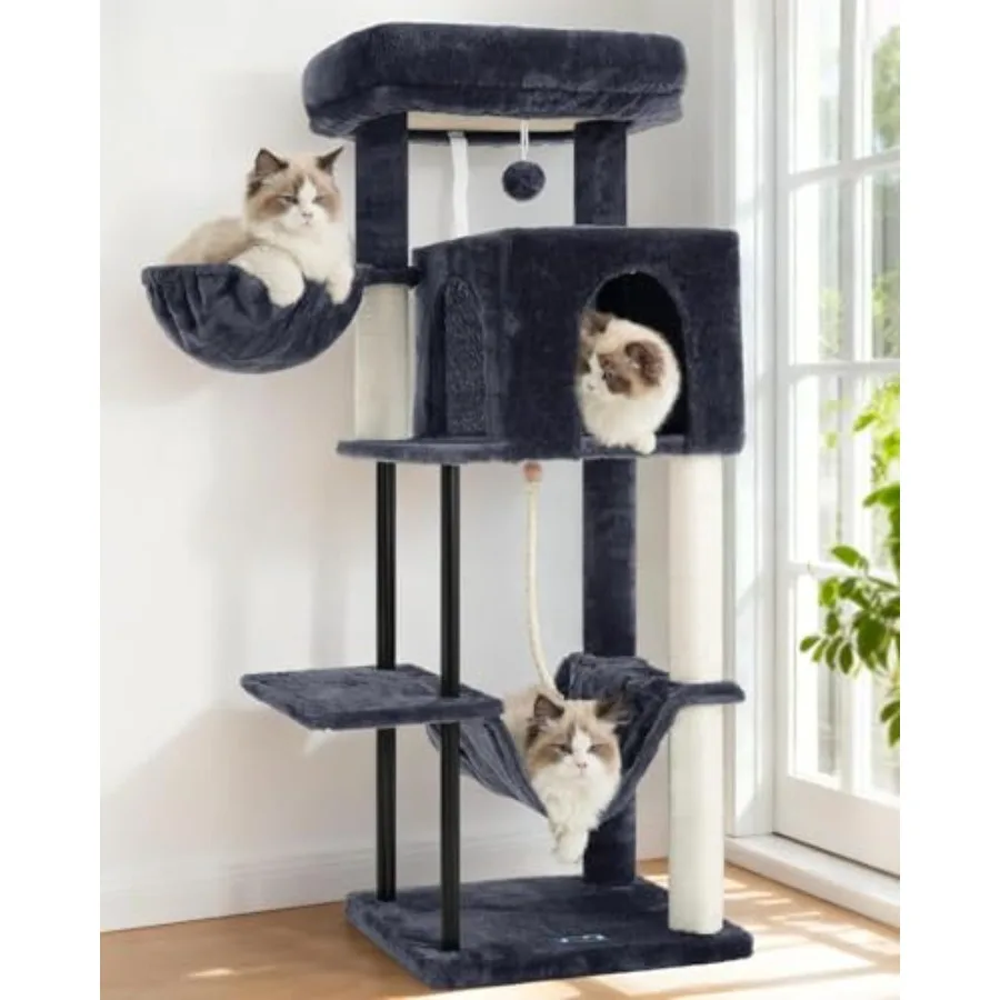 

Кошачья лежанка-башня для домашних кошек, 43,3 дюйма, с прочной стальной трубчатой конструкцией, гамаком и домиком для маленьких кошек и котят