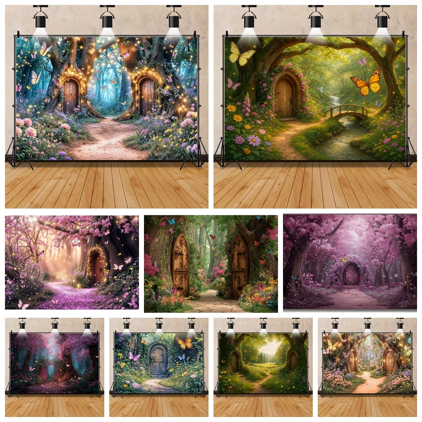 

Fantasy Forest Elf Door Photography Background Fairy Tale Butterfly Flowers Sakura Children Birthday Party Photo Decoration Prop