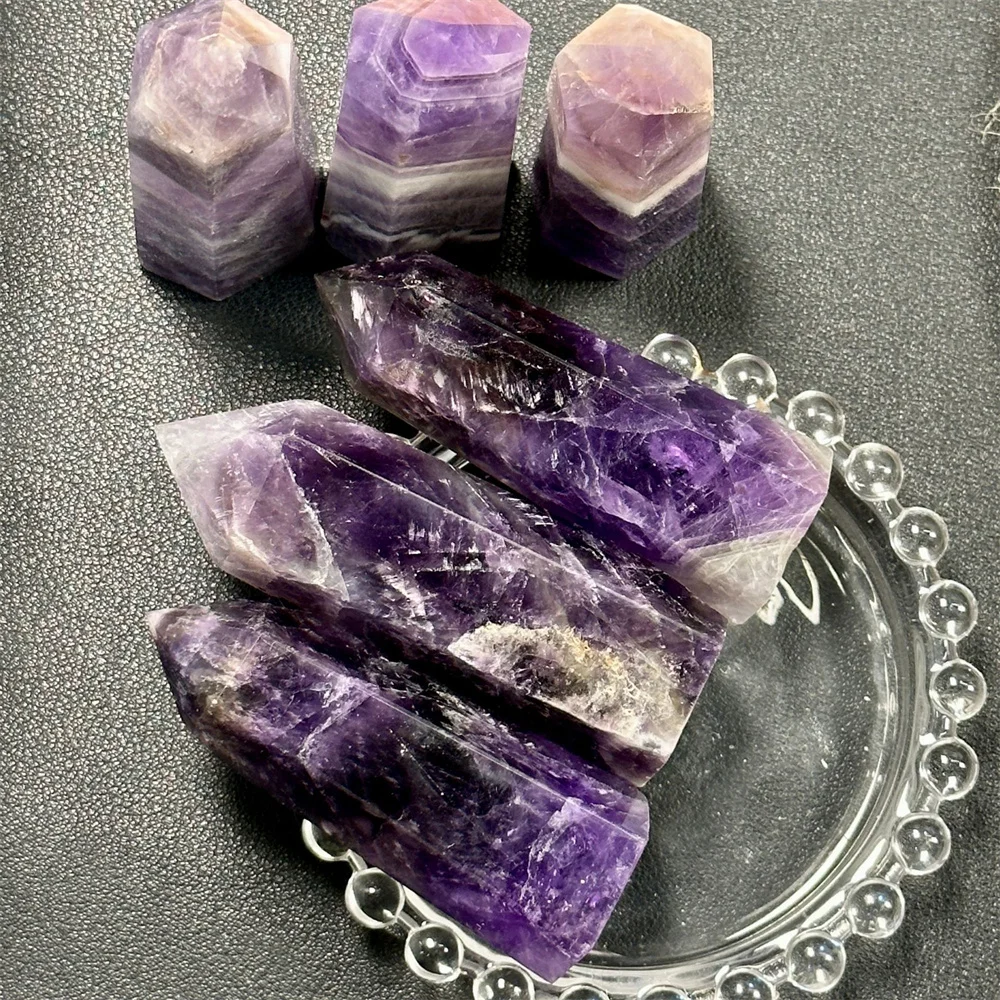 Natural Six-Edge Single-Point Dream Amethyst Column Raw Stone Polished Crystal Column Decoration