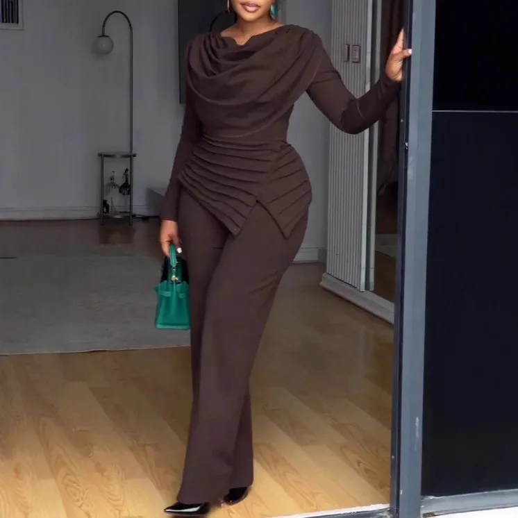 

2026 New Fashion Slim Fit Pleated Jumpsuit Women Spring Sexy Elegant Solid Color Round Neck Long Sleeve Jumpsuit Women