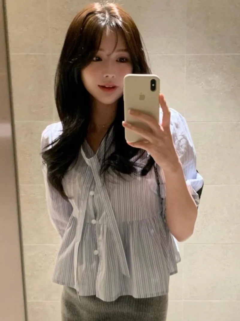 Chic Spring Anti-Aging Loose Fit Striped irt Women's Patchwork Belted Svel Floral  Casual Versatile Faionable