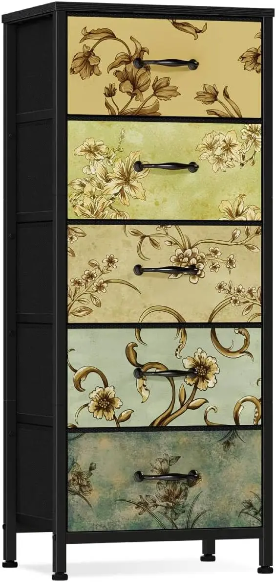 

Vintage Wood Top Dresser with 5 Fabric Drawers, Tall Storage Tower for Bedroom, Living Room, Dorm Entryway