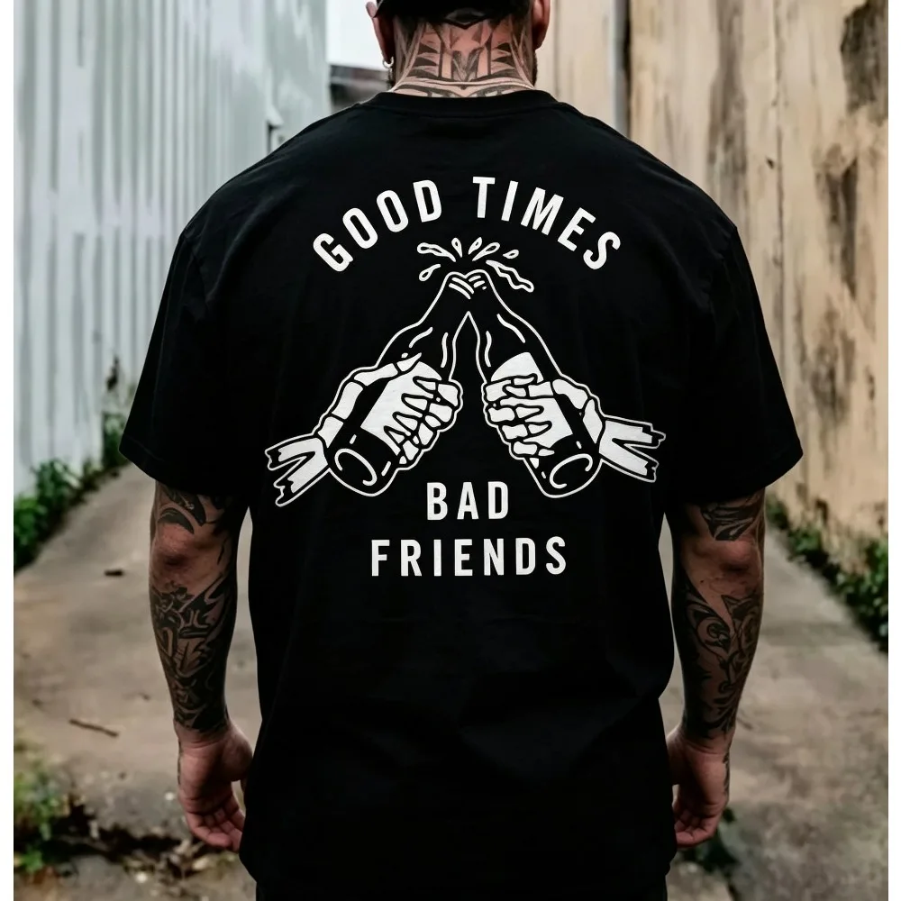 2026 New Hot Sale Men Funny Beer Cheers Graphic Tee Good Times Bad Friends Print Short Sleeve Casual Street Party Tops