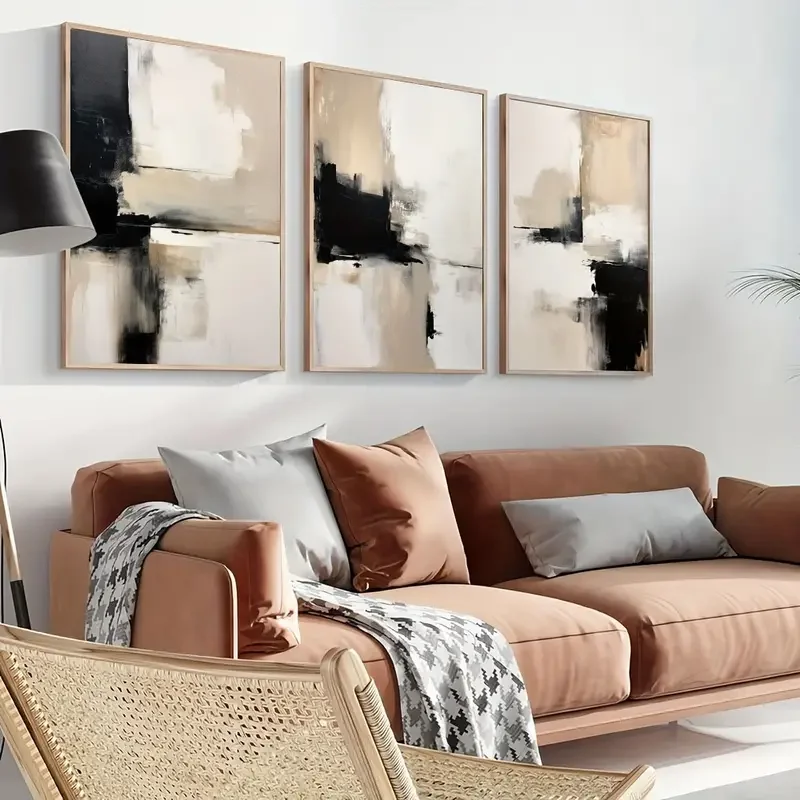 Set Of 3 Contemporary Abstract Art Painting, Black Beige Minimalist Wall Poster, Canvas Print, Modern Home Living Room Bedroom O
