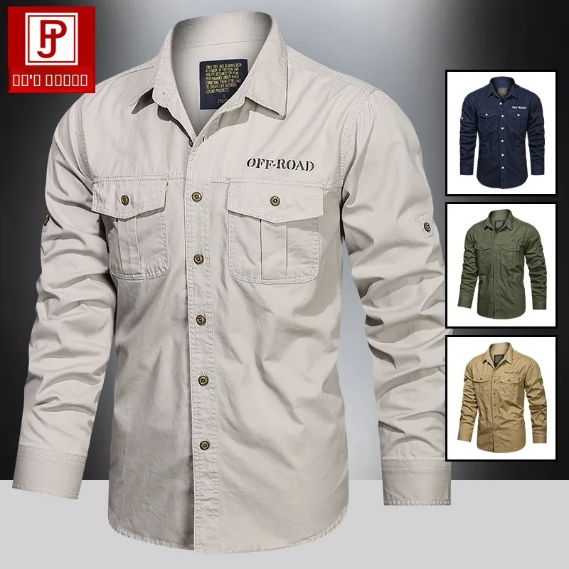 

Long Sleeve Pure Cotton Work Shirt Autumn Denim Multi Pocket Large Size Fashion Urban Style Spring Standard Fit Printed Youth