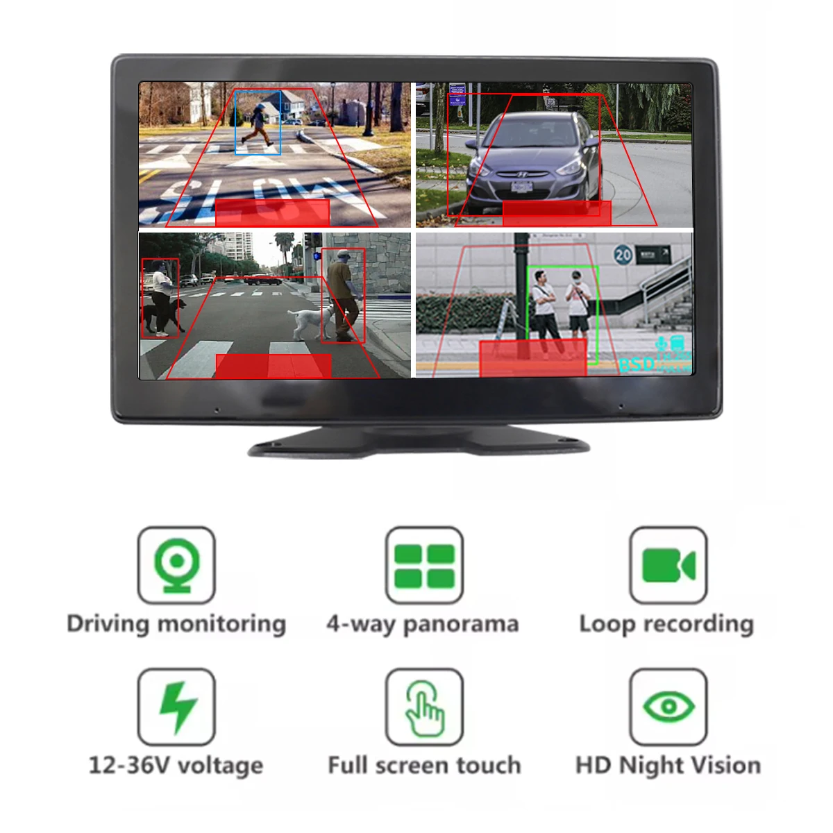 AI Monitor System 10.1 Inch Quad Image Backup Camera 4 Channels BSD Camera Kit with Speaker for Truck Bus Construction Equipment