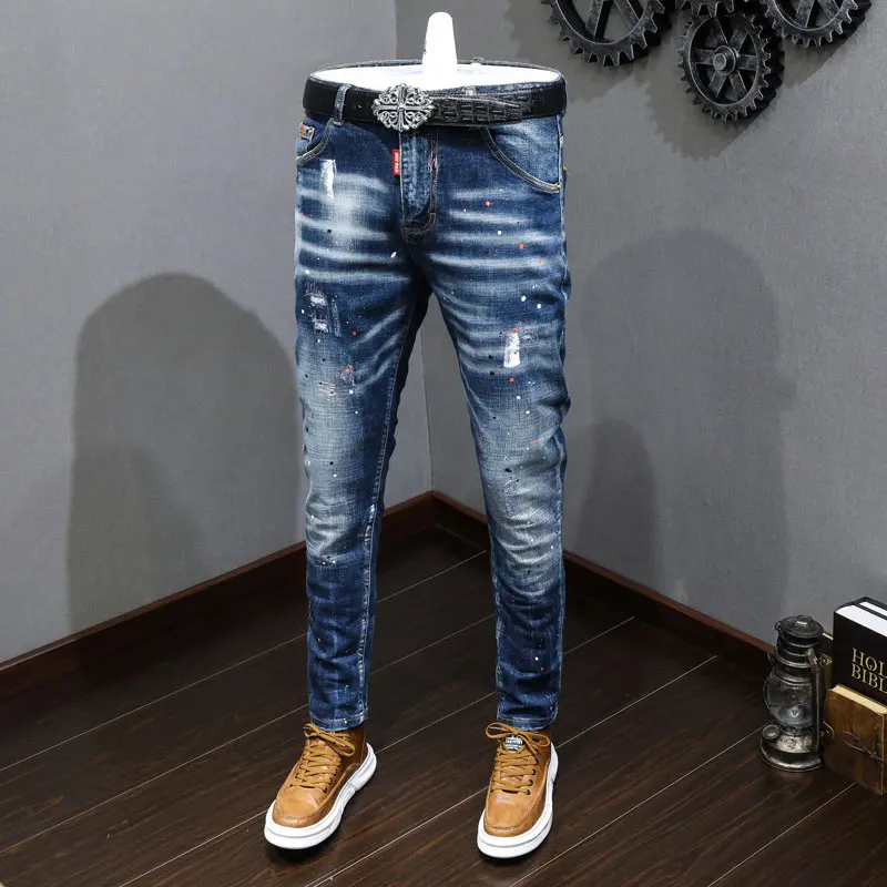 

Street Fashion Men Jeans Retro Washed Blue Stretch Slim Fit Painted Ripped Jeans Men Vintage Designer Denim Pants Hombre