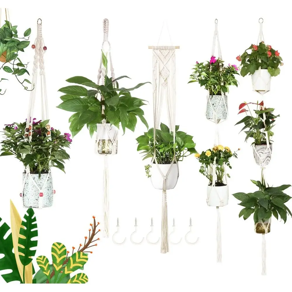 5-Pack Plant Hangers with 5 Hooks, Different Tiers, Handmade Cotton Rope Hanging Planters Set for Lower Pots Holder Stand, Indoo